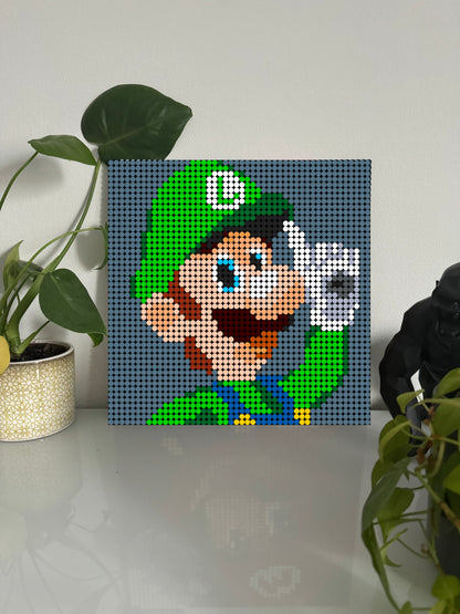 Luigi Fond Gris / Bleu - Mario bros – 2 304 pièces  - 38,4 × 38,4 cm -  Art Mural - compatible LEGO®