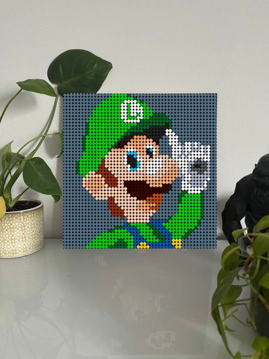 Luigi Fond Gris / Bleu - Mario bros – 2 304 pièces  - 38,4 × 38,4 cm -  Art Mural - compatible LEGO®